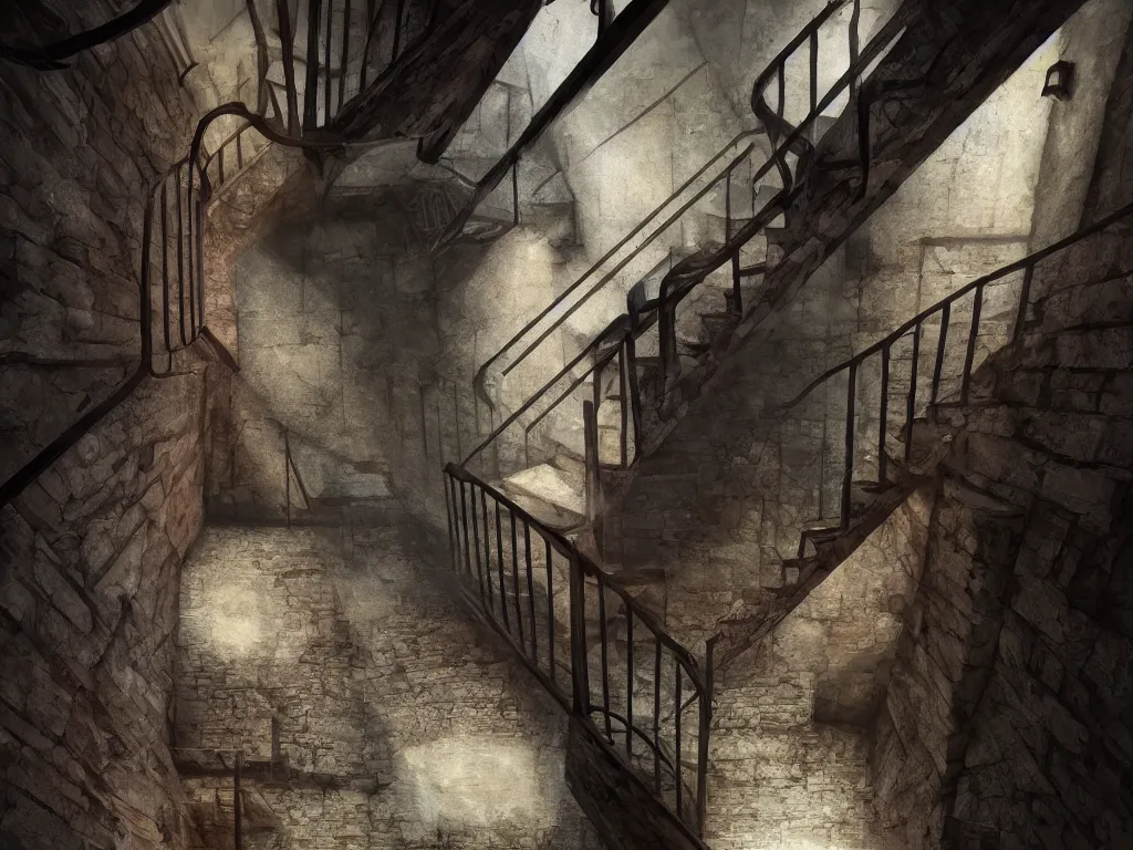 Prompt: look down a cellar staircase, digital painting, concept art, smooth, sharp focus, hyperrealistic, illustration, artstation trending, octane render