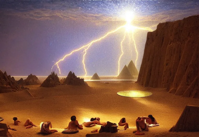 Image similar to Piramids of sand, refracted sparkles, thunderstorm, greek pool, beach and desert on the background major arcana sky, by paul delaroche, hyperrealistic 4k uhd, award-winning, very very very detailed