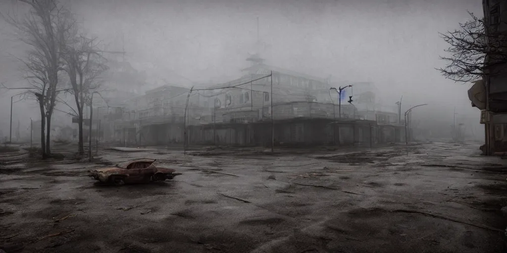 Image similar to wide angle shot of dilapidated silent hill in real life, desolate town, empty streets, nightmarish, some rusted retro futuristic parked cars, overcast, blankets of fog pockets, rain, volumetric lighting, beautiful, daytime, autumn, sharp focus, ultra detailed, cgsociety