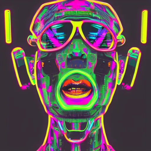 Image similar to mockup of a black tshirt with a hyperdetailed portrait of a trippy cyberpunk robot, 8 k, symetrical, flourescent colors, happy mood, multicolored,