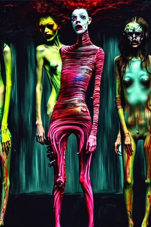 Image similar to crazy fashion catwalk, one model, crazy clothes, biopunk style, horror, clothes look like slime, hauntingly surreal, highly detailed painting by francis bacon, edward hopper, adrian ghenie, gerhard richter, and james jean soft light 4 k,