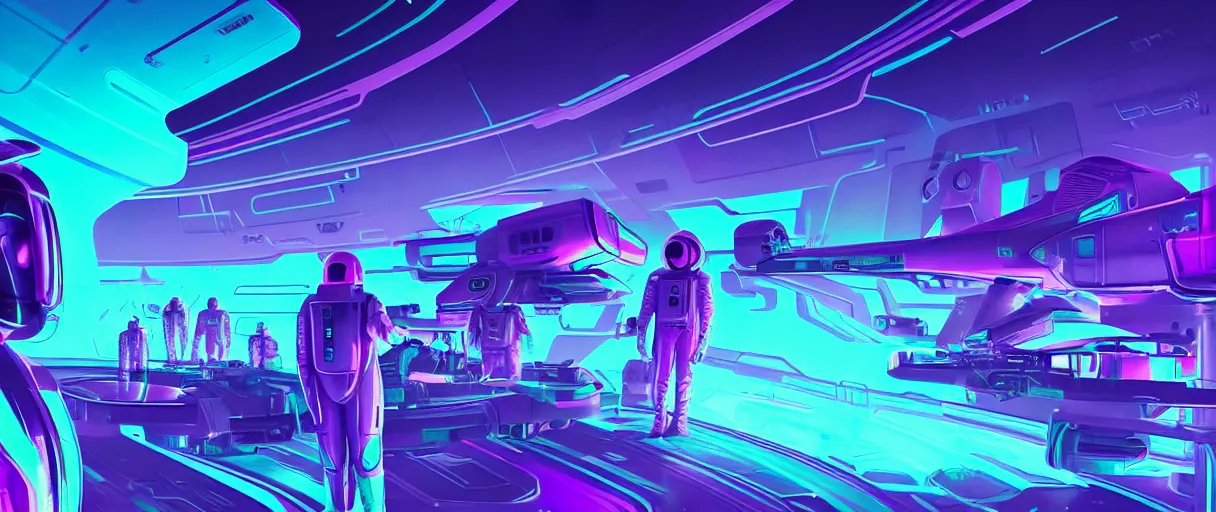 Image similar to hyper detailed 2060s neon purple and teal pearlescent sci fi propaganda poster of space workers concept art key sage sharp cinematic lighting 8k wide angle shallow depth of field