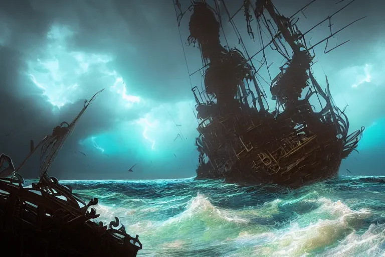 Image similar to a wrecked pirate ship on the reef, storm, lightnings, dark atmosphere, by John Howe, 4K, unreal engine 5, teal and dark blue color scheme