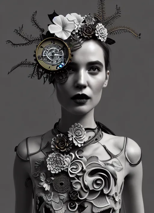 Image similar to monochrome 3 d model, floral steampunk biomechanical beautiful young female cyborg with porcelain profile face and a big floral eye, volumetric light, leaves foliage and stems, hibiscus flowers, boho floral vines, sinuous fine roots, fine foliage lace, alexander mcqueen, rim light, big gothic pearl embroidered collar, octane render, 8 k