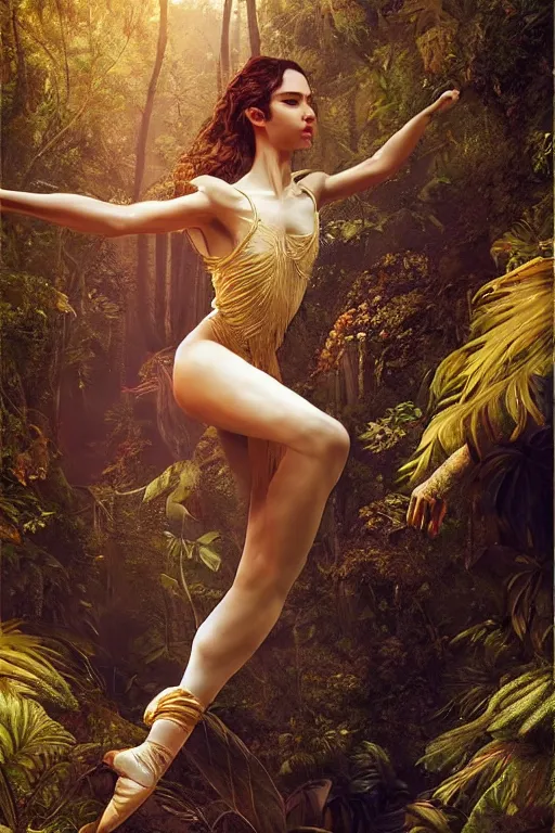 Image similar to stunningly beautiful, turkish prima ballerina in jungle, symmetrical face, golden hour, smooth, focus, highly detailed, hyper realistic, dramatic lighting, elegant, intricate, concept art, art by wlop, mars ravelo, greg rutowski