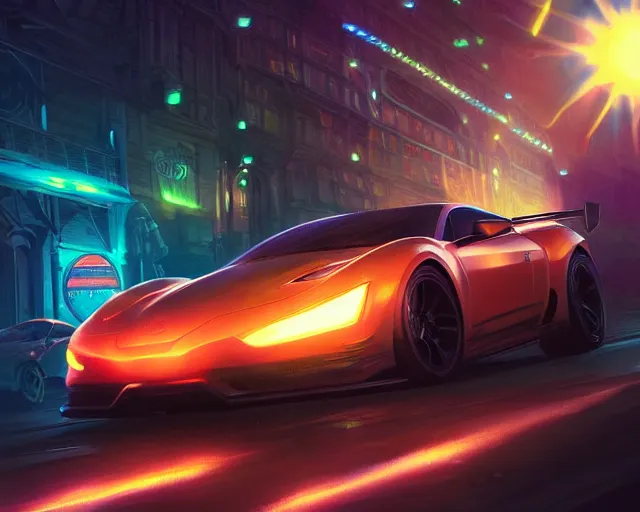 Image similar to sports car, night life, neon glow, race, speed, lights, lens flare, deep focus, d & d, fantasy, intricate, elegant, highly detailed, digital painting, artstation, concept art, matte, sharp focus, illustration, hearthstone, art by artgerm and greg rutkowski and alphonse mucha