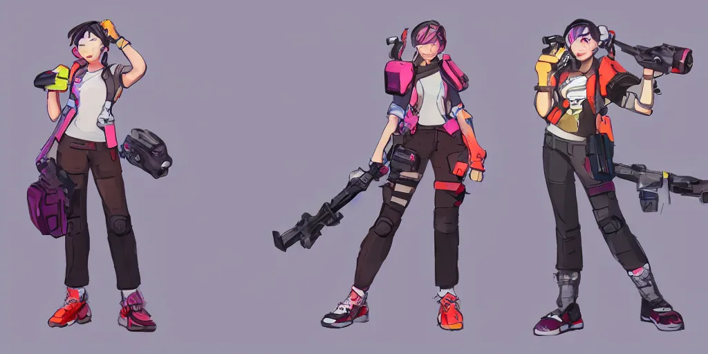 Image similar to character concept art of a mid 2 0's female casual themed outfit, colorful, no helmet, by qui fang and daryl tan, overwatch, studio trigger