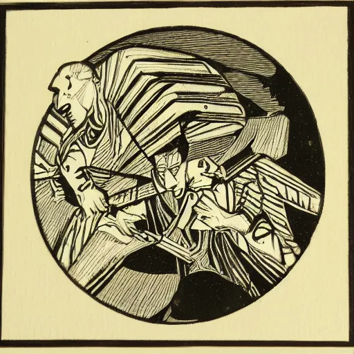 Prompt: woodblock engraving of discord