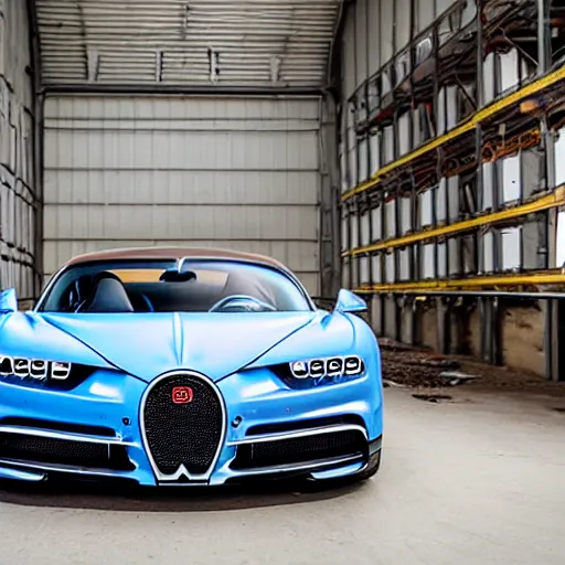 Image similar to an abandoned, derelict, rusty bugatti chiron in a dirty warehouse