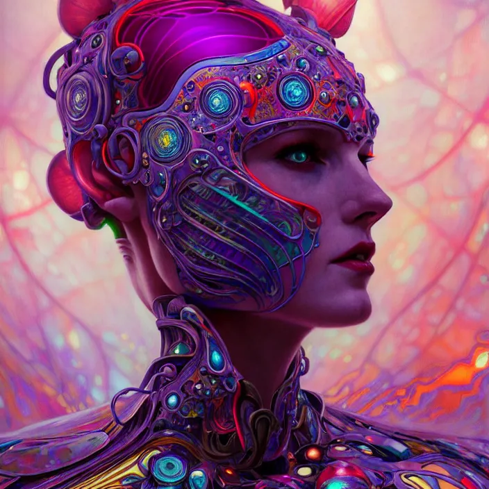 Image similar to bright psychedelic organic cyborg, 4th dimensional, diffuse lighting, fantasy, intricate, elegant, highly detailed, lifelike, photorealistic, digital painting, artstation, illustration, concept art, smooth, sharp focus, art by John Collier and Albert Aublet and Krenz Cushart and Artem Demura and Alphonse Mucha