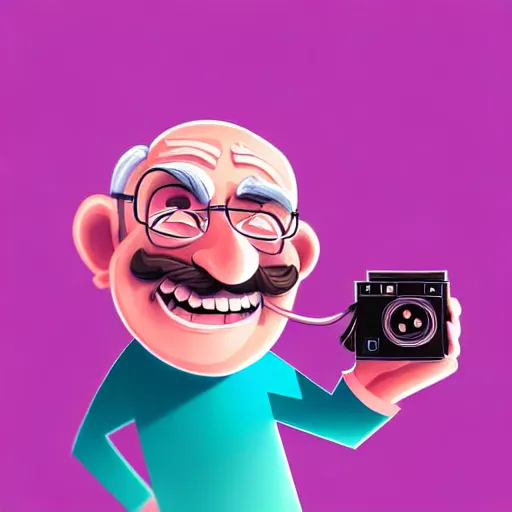 Image similar to curled perspective digital art of a cute smiling grandpa cartoon character with a photo camera by anton fadeev