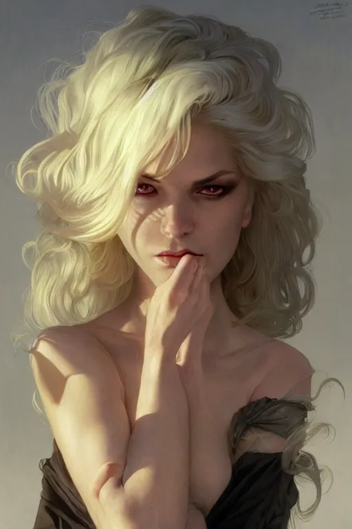 Image similar to portrait of an old blonde vampire mage, dark, piercing eyes, gentle expression, elegant clothing, photorealistic, highly detailed, artstation, smooth, sharp focus, art by michael whelan, artgerm, greg rutkowski and alphonse mucha