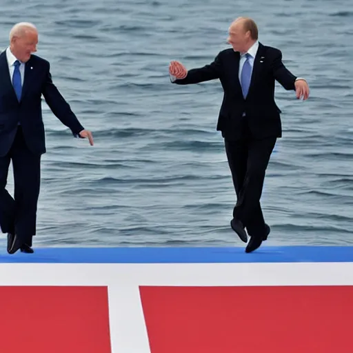 Image similar to biden and putin dancing on the ocean, close up, high quality photograph