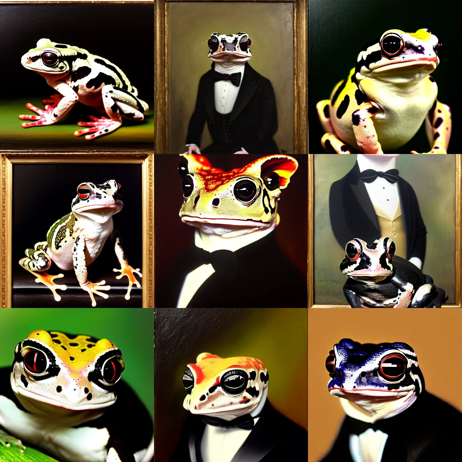 Image similar to a head - and - shoulders portrait of an amazon milk frog wearing a black tuxedo looking off camera, an american romanticism painting, oil on canvas, cgsociety, soft focus