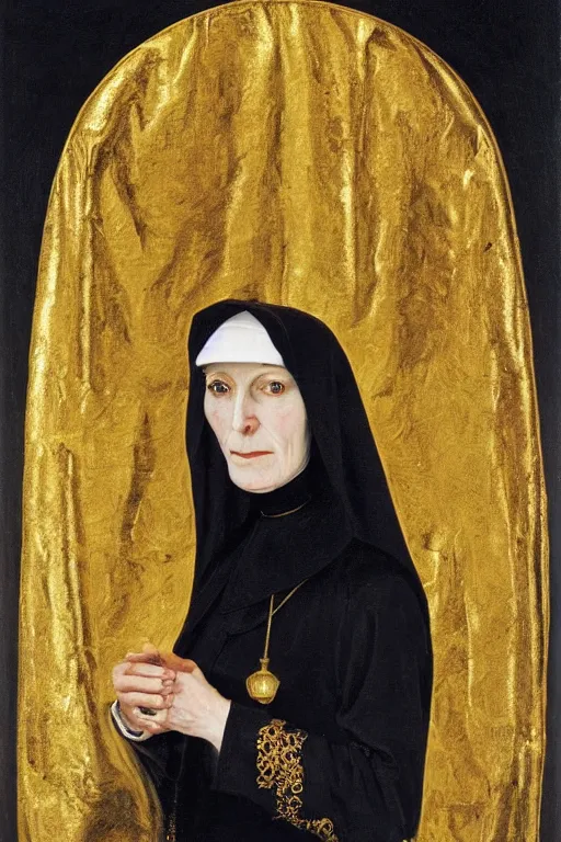 Prompt: portrait, vampire nun, opulent gold embroidered habit, studio lighting, art jacek malczewski