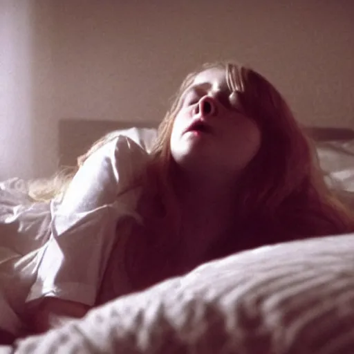 Image similar to movie still of a girl having sleep paralysis, cinematic composition, cinematic light, criterion collection, by edgar wright and edgar allan poe