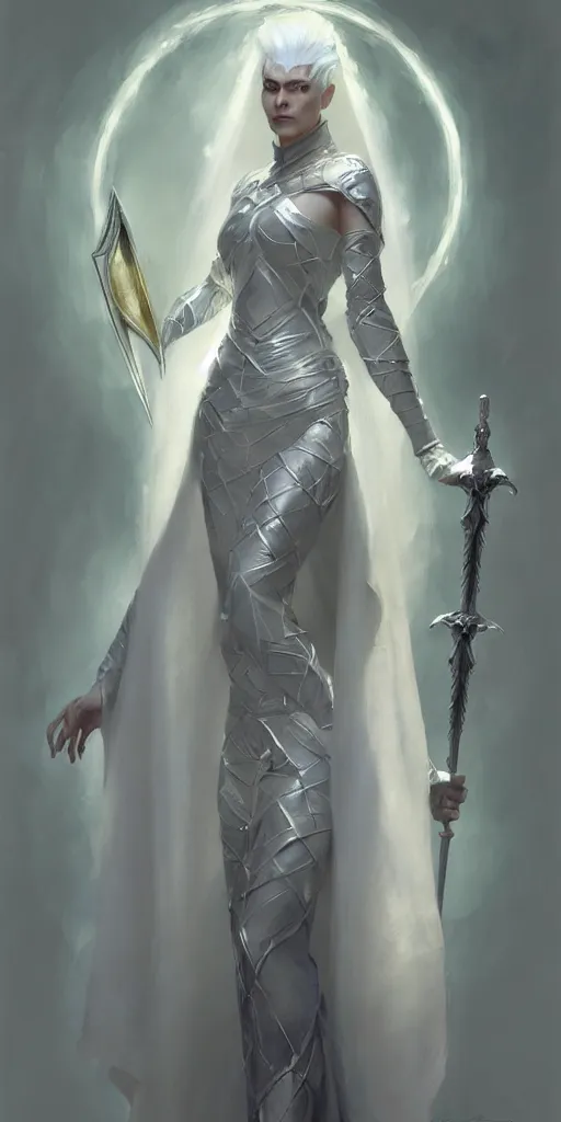 Prompt: craig mullins painting of queen of zokra, silver white hair, long gown, sorceress sword, soft lighting, trending on artstation, by huang guangjian and gil elvgren and sachin teng