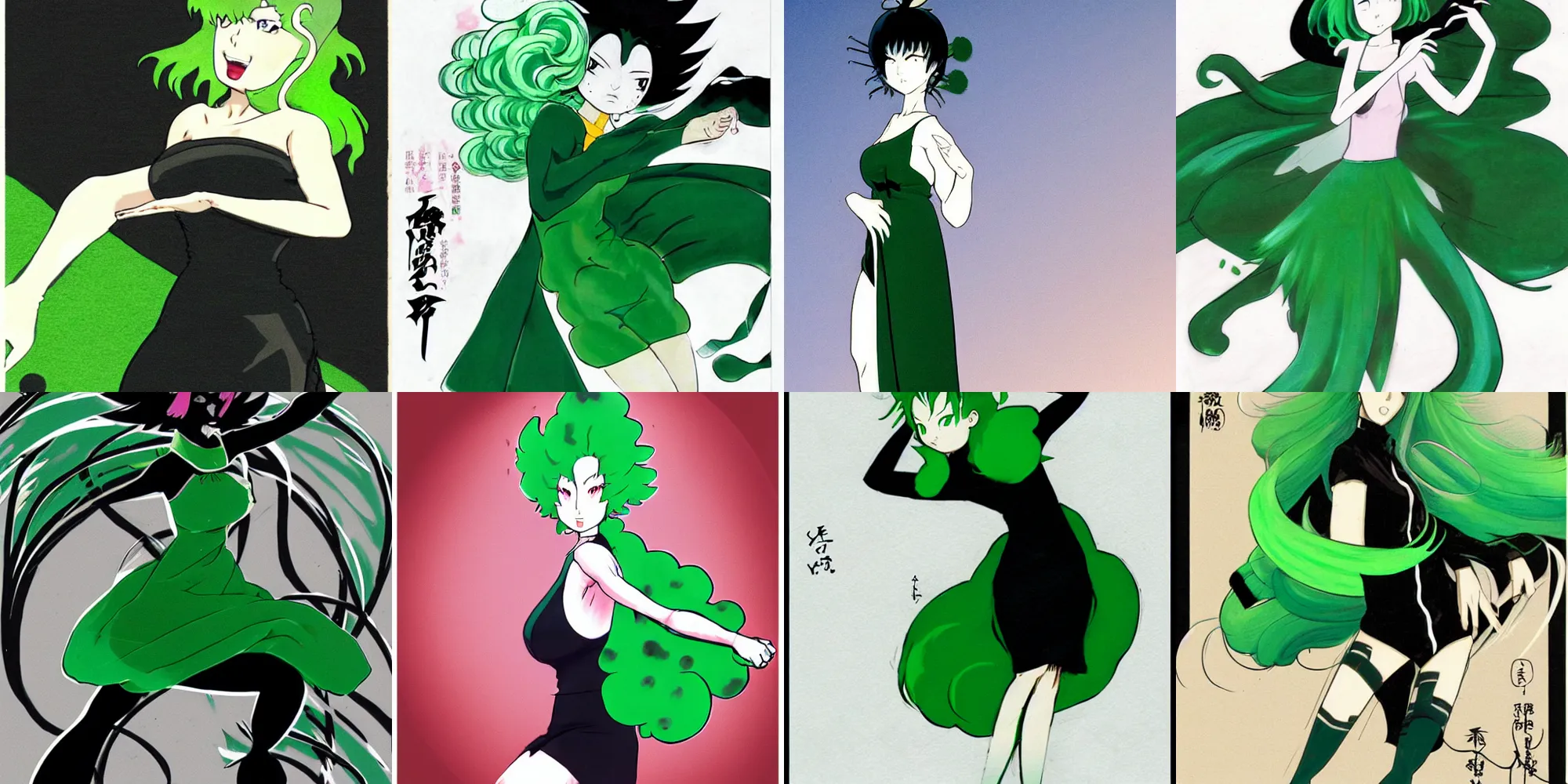 Prompt: tatsumaki, a woman with green hair and a black dress, concept art by rumiko takahashi, deviantart contest winner, superflat, official art, deviantart hd, dynamic pose