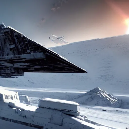 Image similar to a star destroyer looming over Hoth, artstation