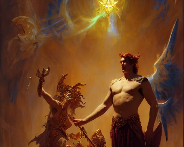 Image similar to attractive pagan male deity, casting chaos magic, summoning handsome lucifer morning star. highly detailed painting by gaston bussiere, craig mullins, j. c. leyendecker 8 k