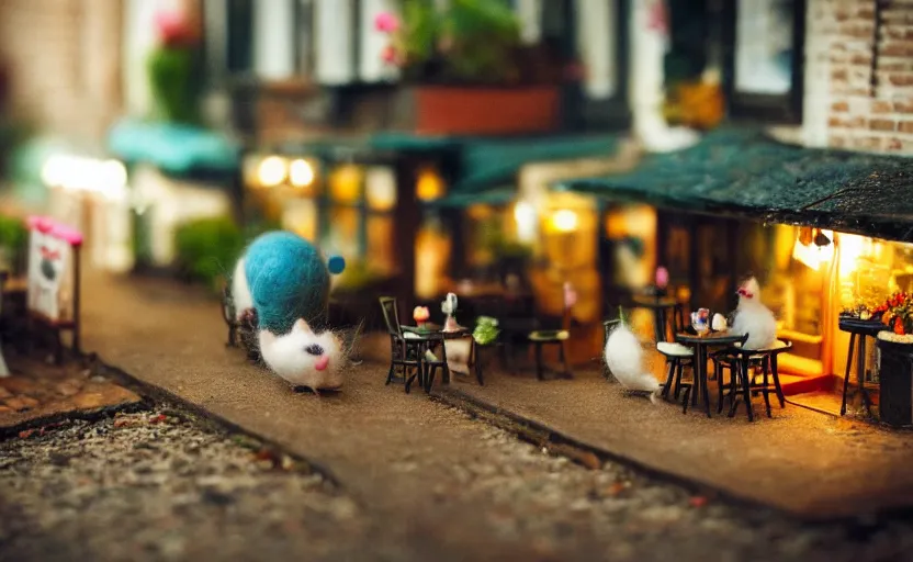 Prompt: miniature cafe diorama macro photography, cafe with felted mice, alleyway, ambient, atmospheric, british, bokeh, romantic