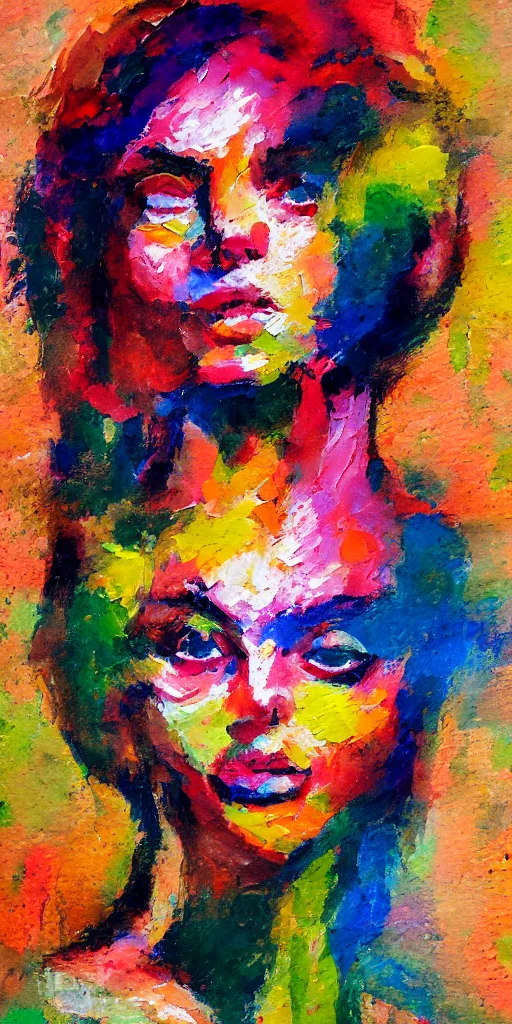 Image similar to portrait of beautiful woman painted with colorful gouache impasto