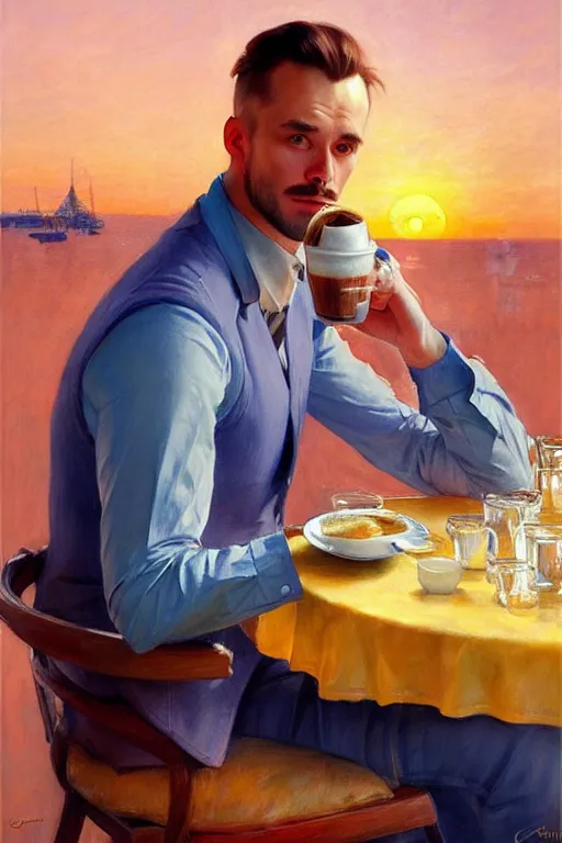 Image similar to attractive man drinking coffee, sunset, painting by carl larsson, vladimir volegov, j. c. leyendecker, tom of finland, trending on artstation