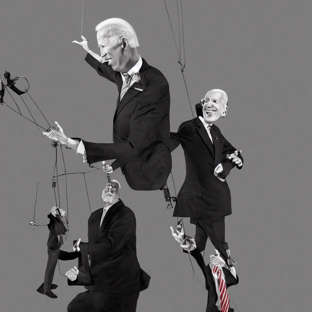 Image similar to Joe Biden as a marionette, shadowy corporate CEO holding the strings, digital art, ominous atmosphere, highly detailed, low angle