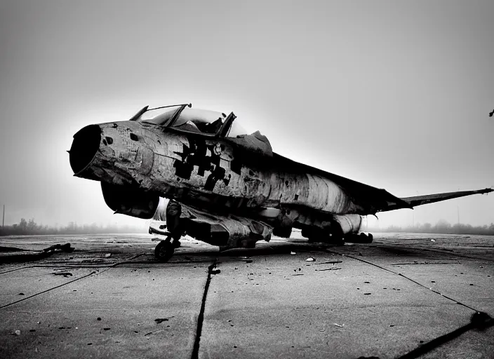 Image similar to black and white photograph of a crashed military jet in downtown kansas city missouri, rainy and foggy