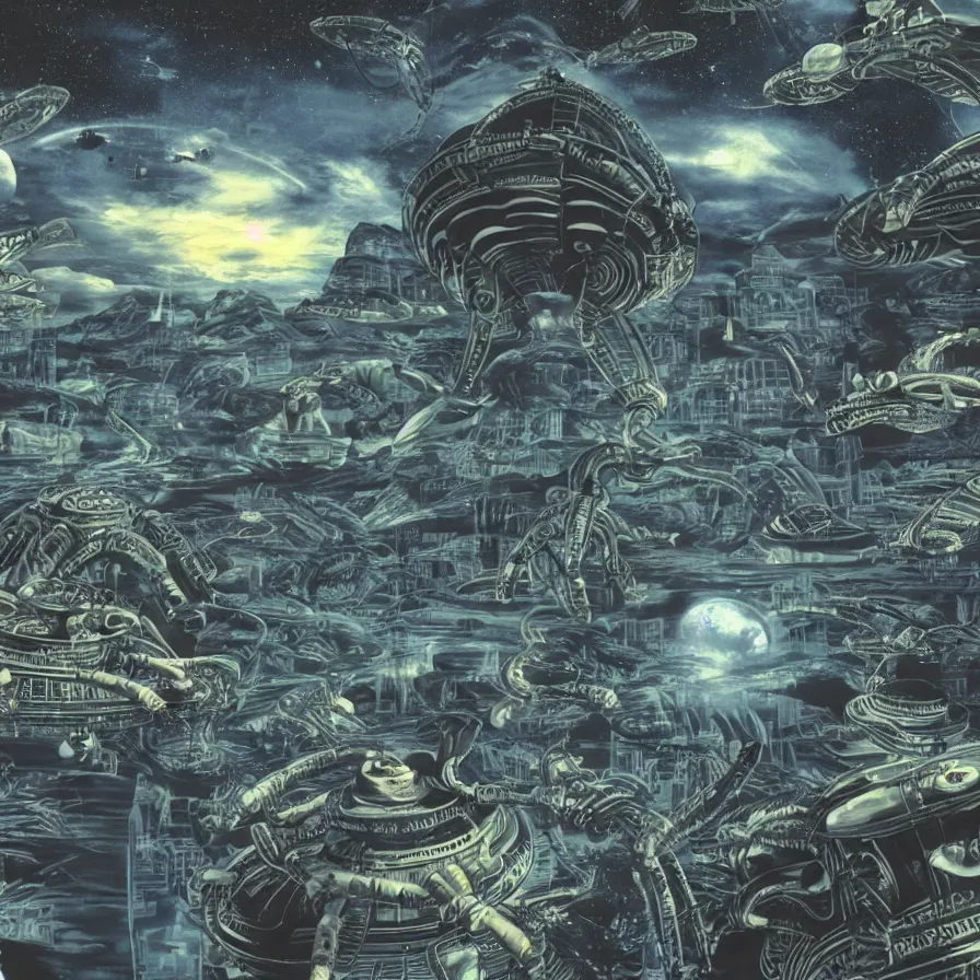 Image similar to realistic detailed image of aliens and ufos, detailed, 4k, vivid, japanese kanji everywhere, ps1 game graphics