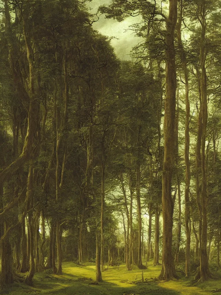 Image similar to A narrative realism painting of a Victorian Gothic conservatory in the forest, by Caspar David Friedrich