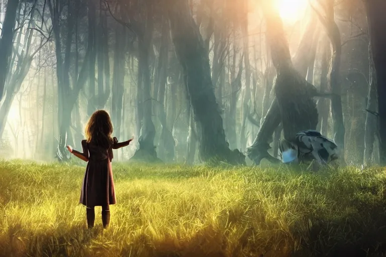 Image similar to the great beyond, sci - fi scene future new york, little girl holding a hand of a big robot, forest punk, crepuscular rays, epic scene, hyper realistic, photo realistic, overgrowth, cinematic atmosphere, ethereal lighting