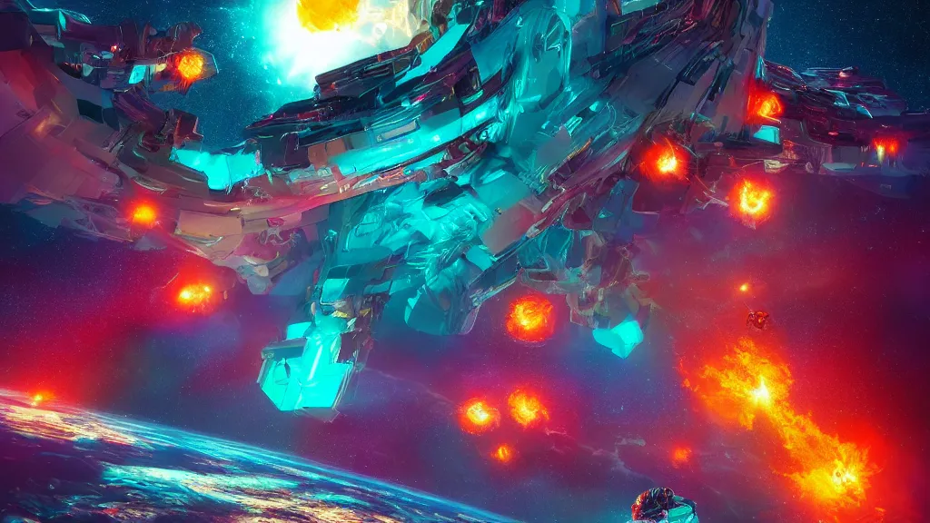 Prompt: An epic beautiful digital artwork of an ancient terrifying God in space, consuming and eating and destroying a futuristic colorful spacestation. Bright explosions. By Ken Fairclough and Dylan Cole and John Harris, trending on behance, trending on artstation, award winning. PBR, path tracing, octane render, highly detailed.