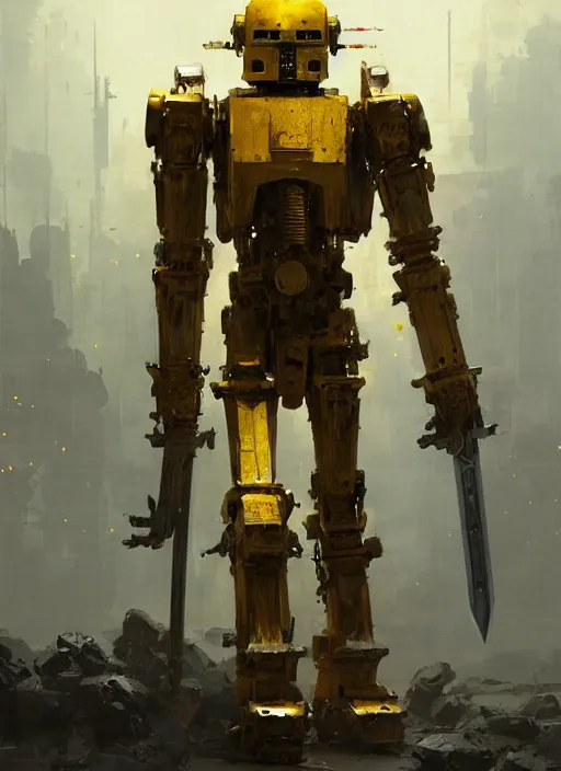 Prompt: human-sized strong intricate yellow pit droid carrying great sword, pancake short large head, exposed metal bones, painterly humanoid mecha, by Greg Rutkowski