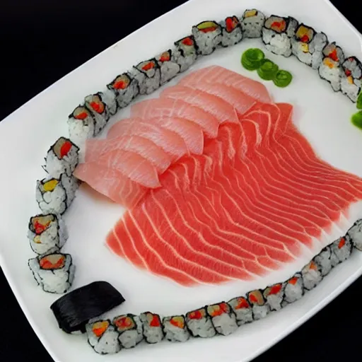 Image similar to large plate with sushi rolls, sashimi, intricate, detailed