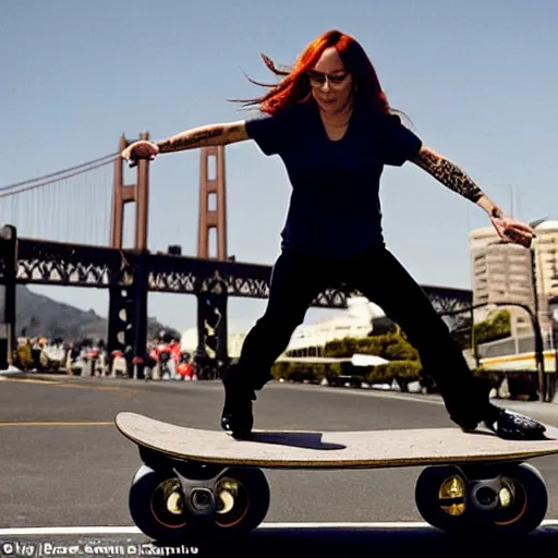 Image similar to tori amos pulls an amazing kick flip on her skateboard in san francisco, stunning sports photography