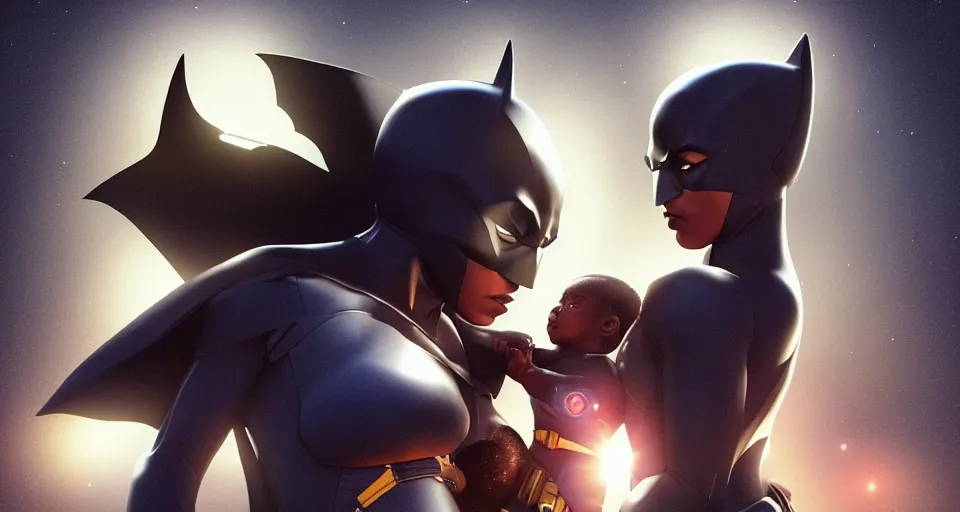 Prompt: “ a very very very very very beautiful realistic still of a stunningly beautiful melanated woman holding a newly born cyborg baby dressed as batman, devouring crayola crayons, by makoto shinkai, syd meade, starwars, space art concept, sci - fi, digital art, unreal engine, wlop, trending on artstation, 8 k uhd image, octane render ”