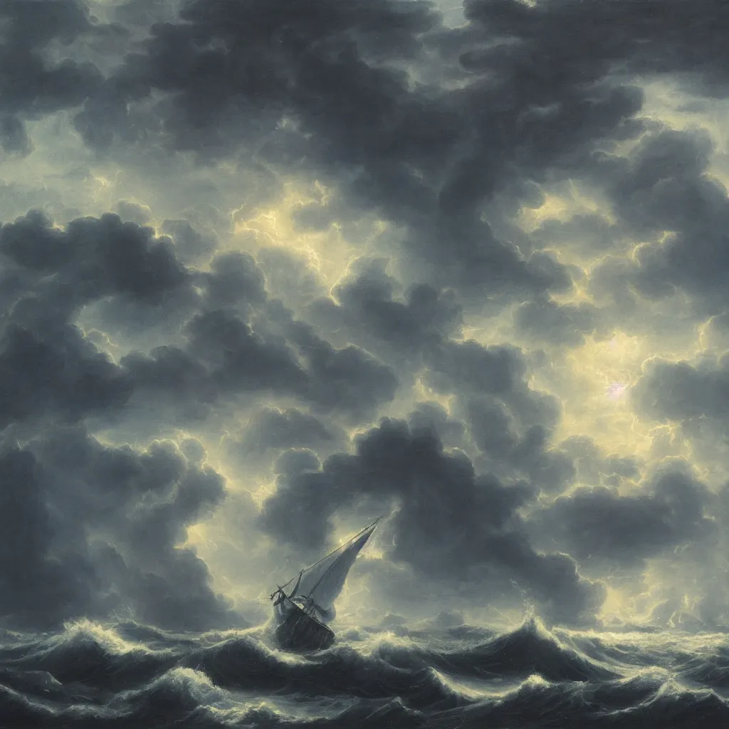 Image similar to a fantasy landscape. subject : kraken in a stormy sea, giant waves, lightning in the background, small boat, oil painting, 4 k