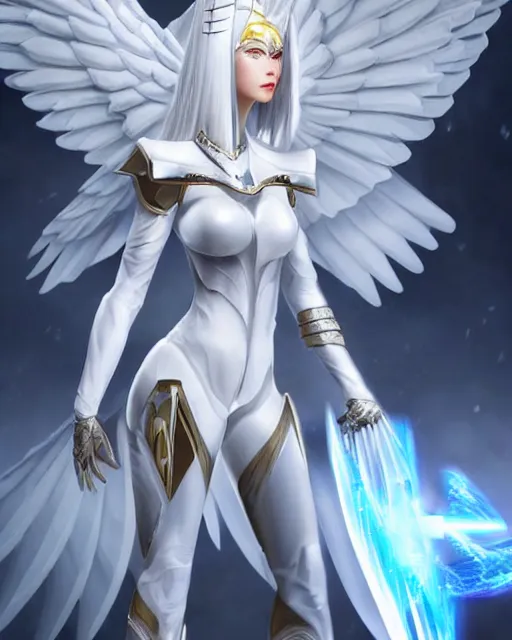 Image similar to perfect white haired attractive egyptian goddess with huge white dove wings, warframe armor, beautiful, symmetric, charlize, half asian, pretty face, blue eyes, detailed, scifi platform, laboratory, experiment, 4 k, ultra realistic, epic lighting, android body, illuminated, cinematic, masterpiece, art by akihito tsukushi, voidstar