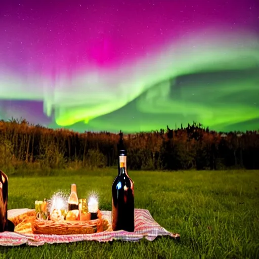 Image similar to romantic picnic with wine bottles under an aurora borealis