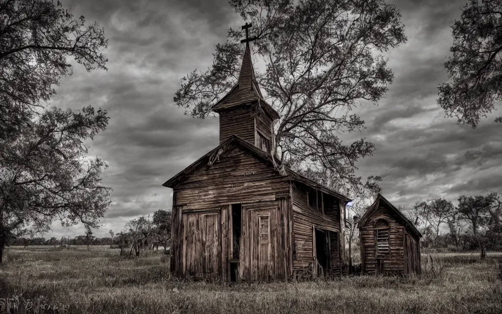 Image similar to an old wooden church rotting away in the bayou, realistic, old color photograph, dynamic composition, creepy