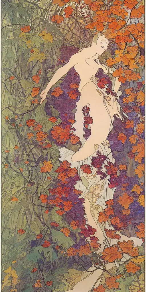 Image similar to a beautiful illustration of a forest in autumn, style of yoshitaka amano and alfons mucha