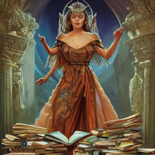 Image similar to a portrait of ornella muti as the goddess minerva surrounded by stacks of books, and owls, bioluminescent gown with deep level of detail of esoteric symbols, intricate, elegant, highly detailed, digital painting, trending on artstation, concept art, smooth sharp focus, illustration, art by artgerm and greg rutkowski