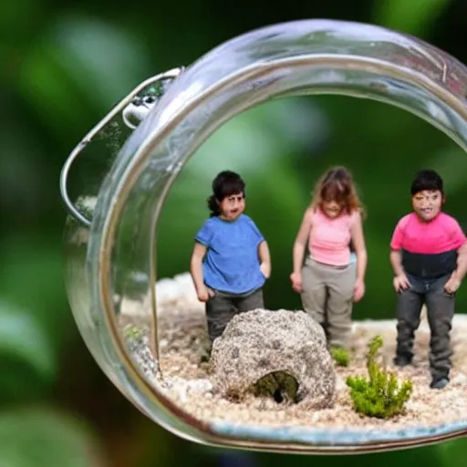 Prompt: tiny people living inside a terrarium bottle.