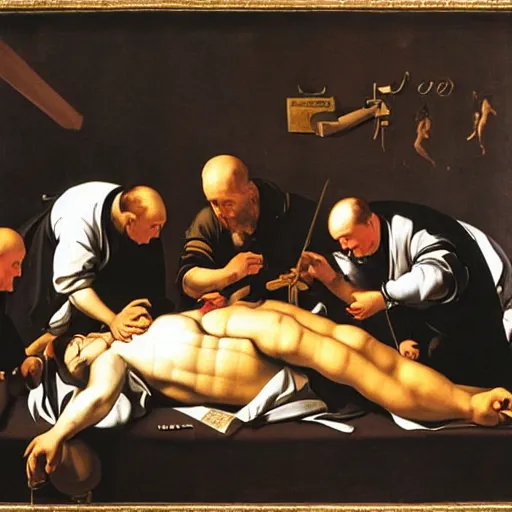 Image similar to doctors doing a operation on a cartoonish banana, caravaggio