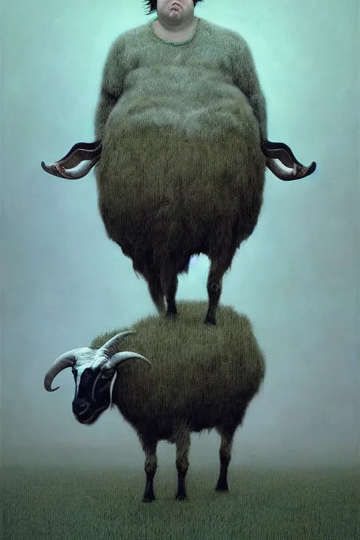 Image similar to painting of hybrid between human andy milonakis and a goat, by zdzislaw beksinski, by tiffany bozic, cold hue's, warm tone gradient background, concept art, beautiful composition, digital painting