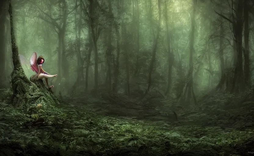 Image similar to A tiny fairy princess, in a dark forest, macro, cool tones, underexposed, overecast, mysterious matte painting by greg rutkowski and marc simonetti and Ivan Shishkin, 4k
