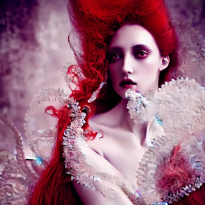 Prompt: photo portrait of a beautiful woman like a dark fallen angel, dressed in long elegant intricate ornamental white dress,intricate fractal ornament in the upper body, intricate baroque ornament in her red long hair, fine art photography by Giovanni Gastel, volumetric lighting, pastel colors scheme , hyper realistic photography in style of Vogue Fashion magazine