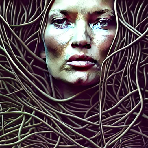 Prompt: a portrait of Kate Moss covered in overgrown vines, face, intricate, digital painting, artstation, intricate, concept art, smooth, sharp focus, illustration, art by Zdzislaw Beksinski