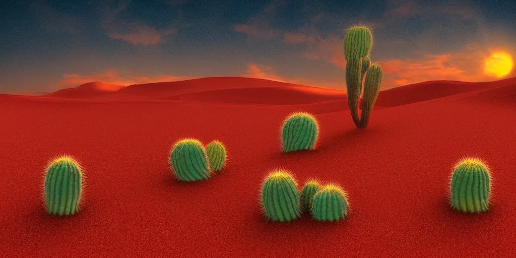 Prompt: a red sand desert with crystal cactus, dusk lighting, digital art